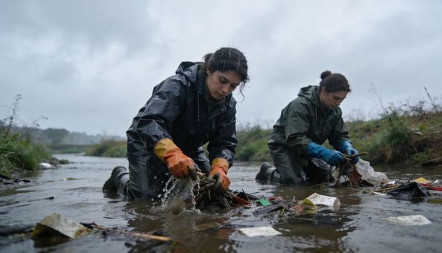 Volunteers kneeling in river cleaning plastic pollution, restoring stream habitat in rain