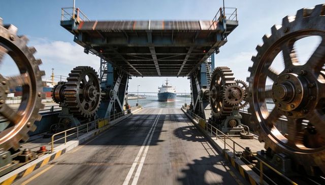 Massive drawbridge gears framing roadway while directing incoming cargo ship into port