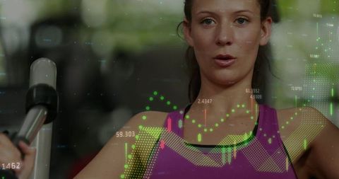 Woman pressing chest machine with digital fitness data overlay tracking performance