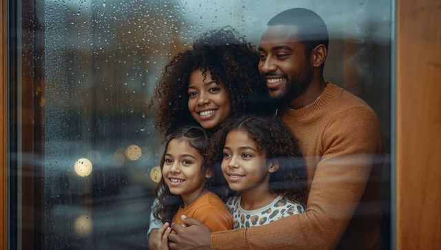 Smiling family cuddling at rainy window wearing warm sweaters and sharing cozy moment
