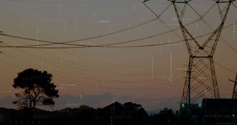 Transmission Tower Silhouetting Power Lines over Suburban Dusk with Digital Binary Overlay