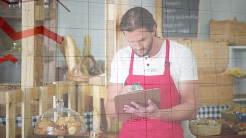Seller in Bakery with Digital Financial Graphs Overlay
