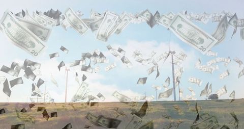 Renewable Energy Profits Symbolized by Falling Money Over Wind Turbines - Download Free Stock Images Pikwizard.com