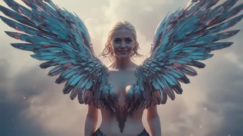 Ethereal Armored Warrior with Shimmering Metal Wings in Clouds