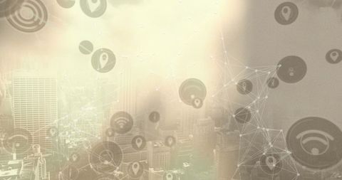 Digital Network Interface with Icon Overlay on Urban Cityscape - Download Free Stock Images Pikwizard.com