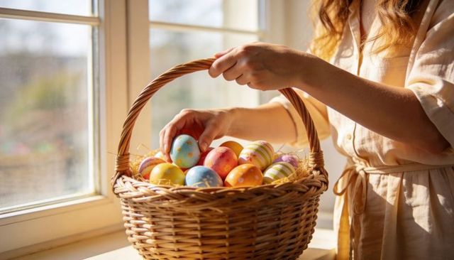 Sunlit woman in linen dress arranging pastel easter eggs in wicker basket on windowsill for easter c