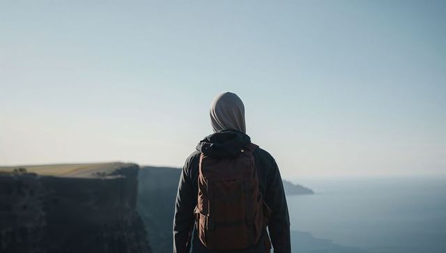 Woman wearing headscarf standing on cliff edge watching ocean horizon with backpack