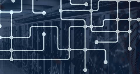 Digital Data Flow Overlaid on Modern Server Room Background