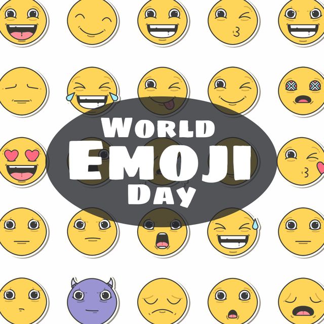 Illustrative image of various emojis with world emoji day text on white background. yellow, expression, emoji day, emoticon, celebration and social media concept.