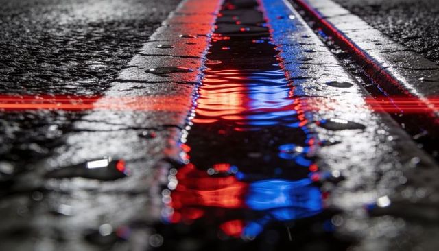 Neon red and blue reflections racing through rain-slick urban curb groove close-up at night