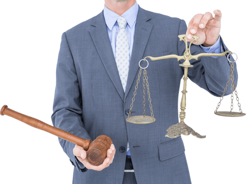Transparent midsection of lawyer with scales and gavel in suit