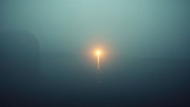Glowing orb at lake horizon with misty waters