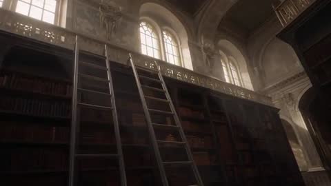Sunlight Streaming Through Arched Windows Lighting Grand Library with Sliding Ladders