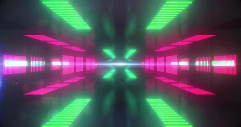 Vibrant neon tunnel with green and pink glowing stripes