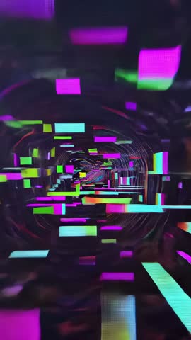 Pushing Camera Through Neon Glitch Tunnel Rushing Into Vibrant Digital Core