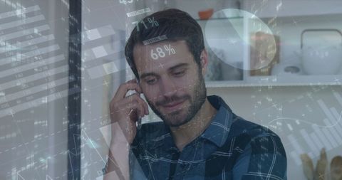 Caucasian Man Smiling on Smartphone Amidst Financial Data Overlay