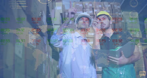 Warehouse Workers Analyzing Data with Digital Interface Overlay