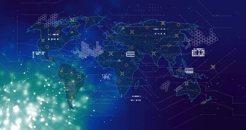 Digital World Projection with Network Icons and Data Patterns