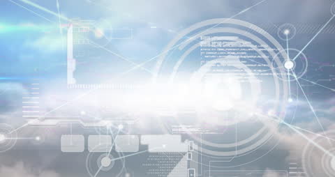 Futuristic Digital Interface Overlaid on Cloudy Sky