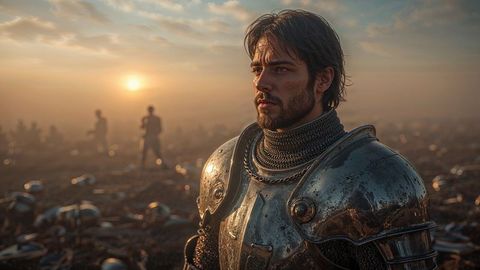 Armored medieval knight surveying battlefield at sunset