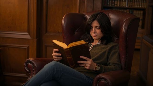 Woman reading vintage book in leather wingback chair cozy library warm ambient lighting