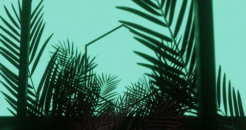 Leaves Silhouette Overlay on Neon Hexagon Blue Backdrop