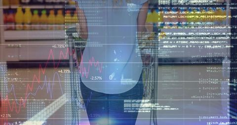 Woman pushing shopping cart in supermarket with financial data overlays and market trends
