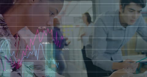 Multiracial Team Analyzing Data with Digital Graphs in Office