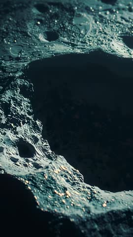 Vertical video sliding over jagged asteroid crater rim revealing shadowed basin details