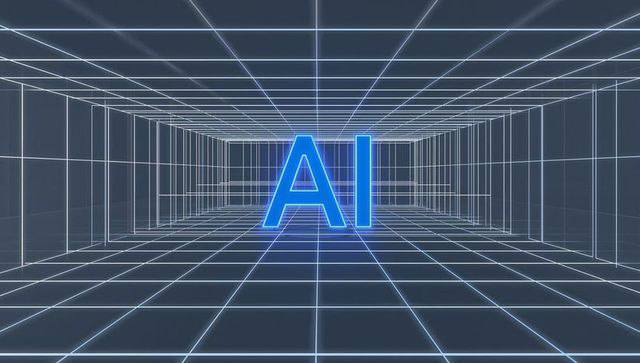 Glowing neon ai letters hovering in futuristic wireframe grid tunnel