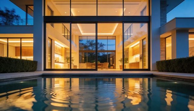 Modern luxury glass house glowing at twilight with reflecting pool and minimalist design