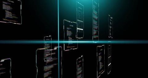 Holographic code panels floating in cyberspace with crossing cyan beams, magenta edges