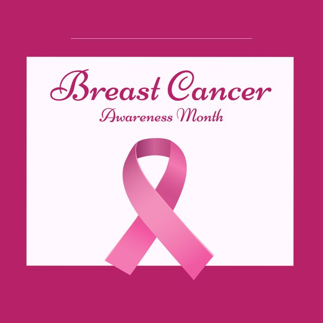 Composition of breast cancer awareness month text with pink ribbon on pink background. Breast cancer awareness month and celebration concept digitally generated image.
