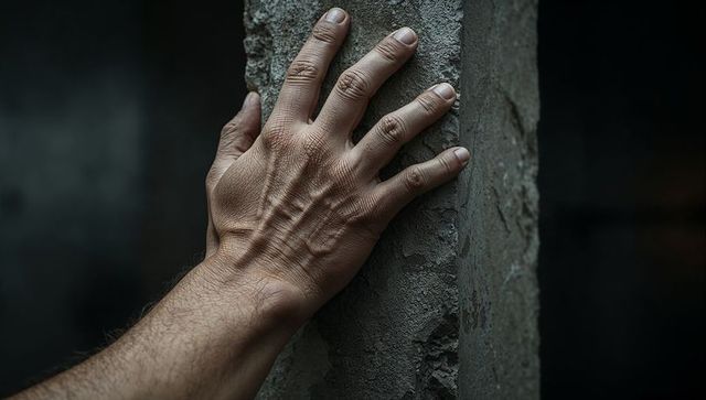 Tense male hand pressing rough concrete pillar revealing veins and skin texture