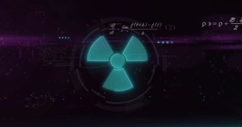 Displaying glowing cyan radiation symbol on cyberpunk hud with neon diagnostics