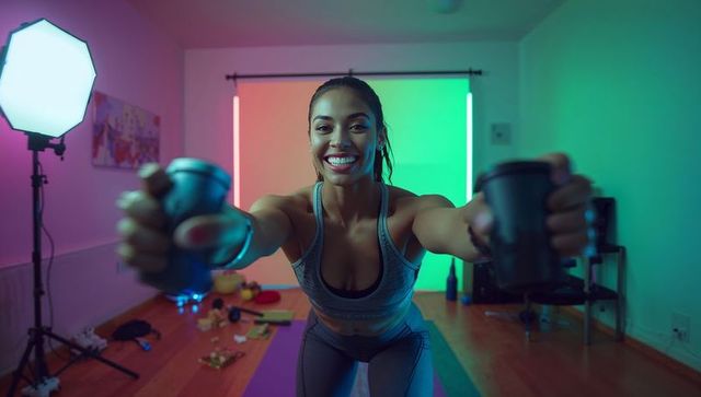 Energetic fitness instructor with dumbbells in vibrant home gym
