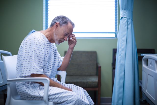 Sad patient sitting on chair with hand on head at hospital