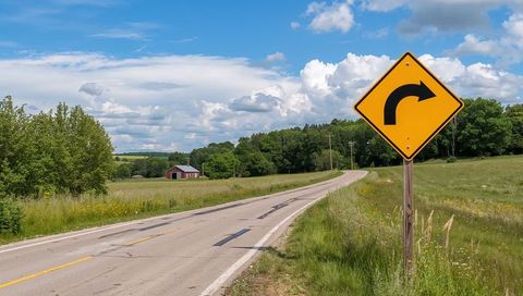 Yellow Right-Turn Sign Marking Winding Rural Road with Barn and Wildflowers