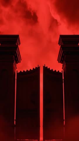Gothic Gate Swinging Open into Red Mist Vertical Video for Dramatic Monumental Entrance