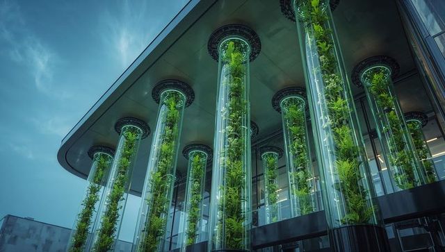 Glowing vertical glass planters transforming modern building facade with led-lit greenery