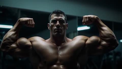 Bodybuilder Flexing Double Biceps in Modern Gym by AI
