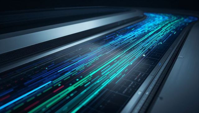 Curving glowing data stream flowing through metallic server conduit