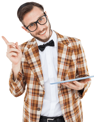 Transparent Hipster Holding Tablet in Plaid Blazer - Download Free Stock Videos Pikwizard.com