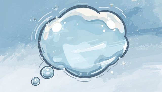 Dreamy translucent bubble drifting over watercolor blue backdrop with small orbs