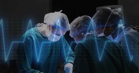 Surgical team performing operation with ECG overlay demonstrating teamwork and precision