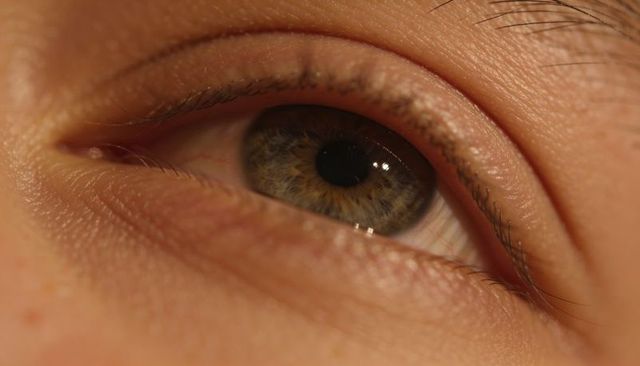 Extreme close-up hazel eye macro revealing iris detail, pupil reflection, skin texture and lashes