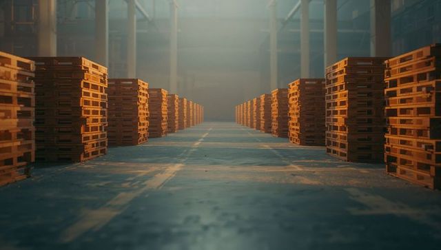 Warehouse Storage with Rows of Wooden Pallets in Daylight