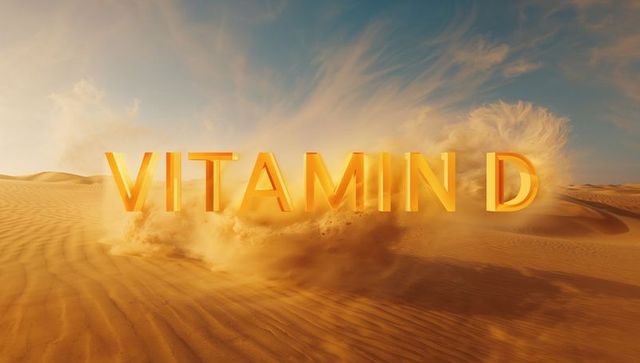 Glowing vitamin d typography rising from desert dunes kicking up golden sand
