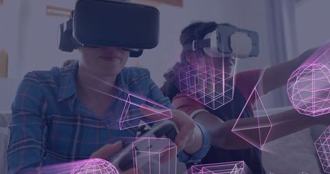 Diverse friends using vr headsets with virtual geometric shapes