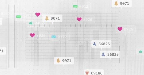 Abstract social notifications dashboard showing floating icons and numeric counters